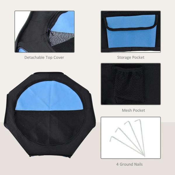 Blue and black pet playpen with detachable top cover, storage pocket, mesh pocket