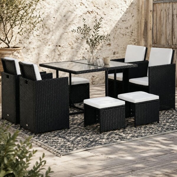 Wyld Haus Viro Rattan Black 8 Seater Cube Garden Dining Set With Cushions And Square Glass Table
