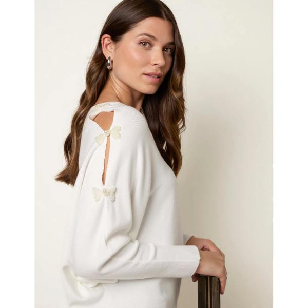 Blue Vanilla V-Neck Batwing Shoulder Pearl Detailing Jumper