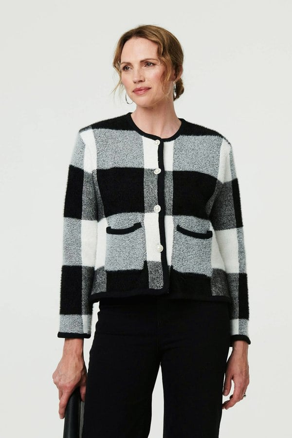 Black And White | Checkered Long Sleeve Cropped Cardigan
