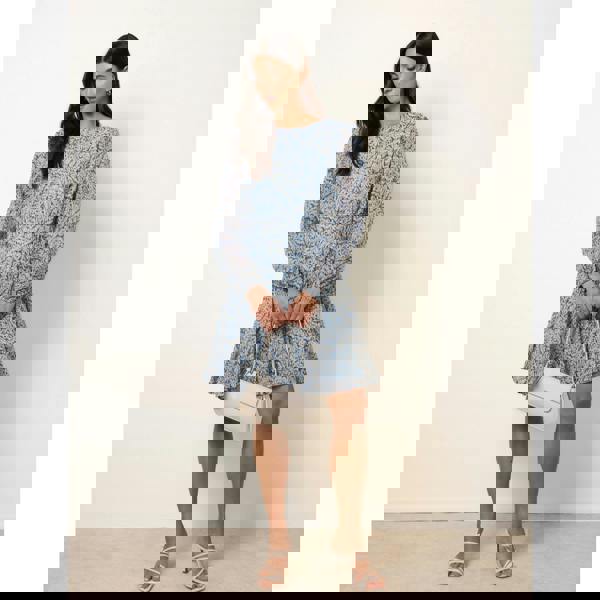 Blue Vanilla Puff Sleeve Godet Dress With Self Tie