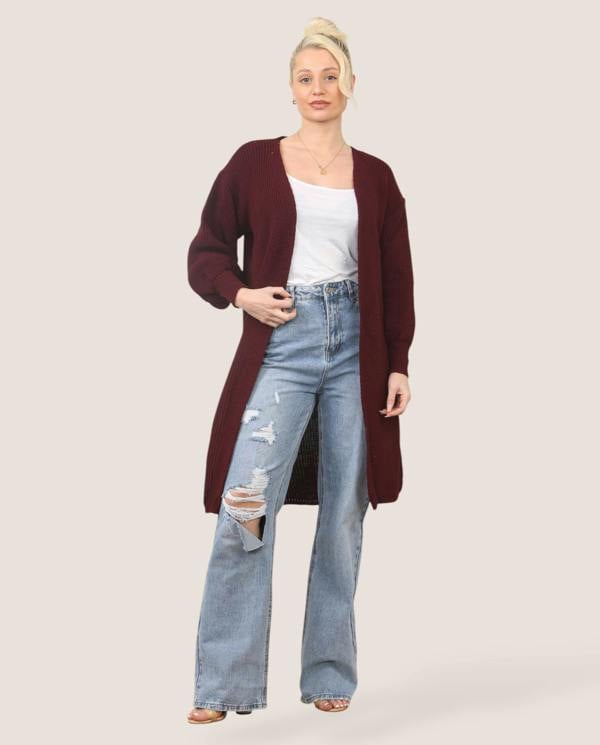 Women's Longline Knit Cardigan – Open Front, Ribbed