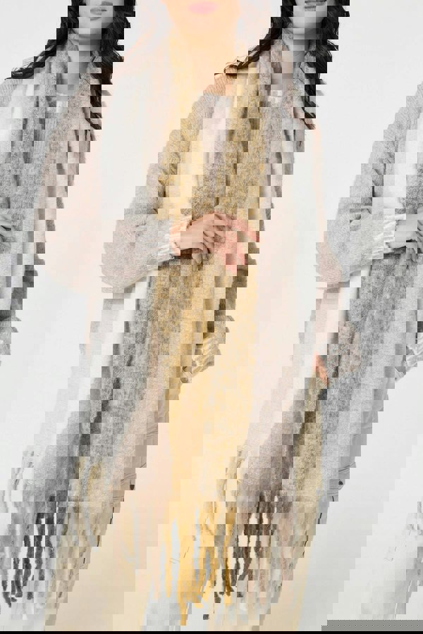 Beige | Striped Print Fringed Oversized Scarf
