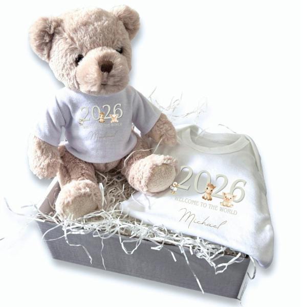Personalised Taupe Farm Animals Baby Gift Box - Teddy & Vest