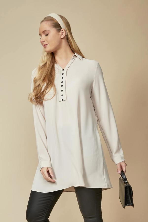 Hoxton Gal Tunic Shirt with Button Details in Beige