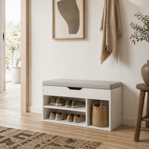Wyld Haus Zima Wooden White Shoe Storage Bench With Hidden Compartment And Grey Padded Seat