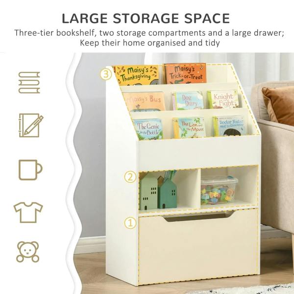 White kids bookshelf organizer with three storage levels: top display, shelves, and drawer
