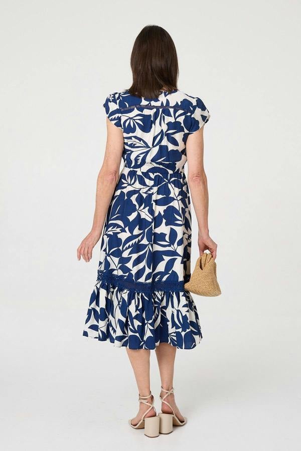 Blue | Leaf Print Cap Sleeve Lace Midi Dress
