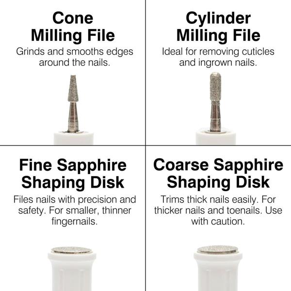 The Rio Precision Pro Electric Nail File features four tool heads: a cone milling file, cylinder milling file, fine sapphire shaping disk, and coarse sapphire shaping disk, each designed for specific precision nail care tasks.