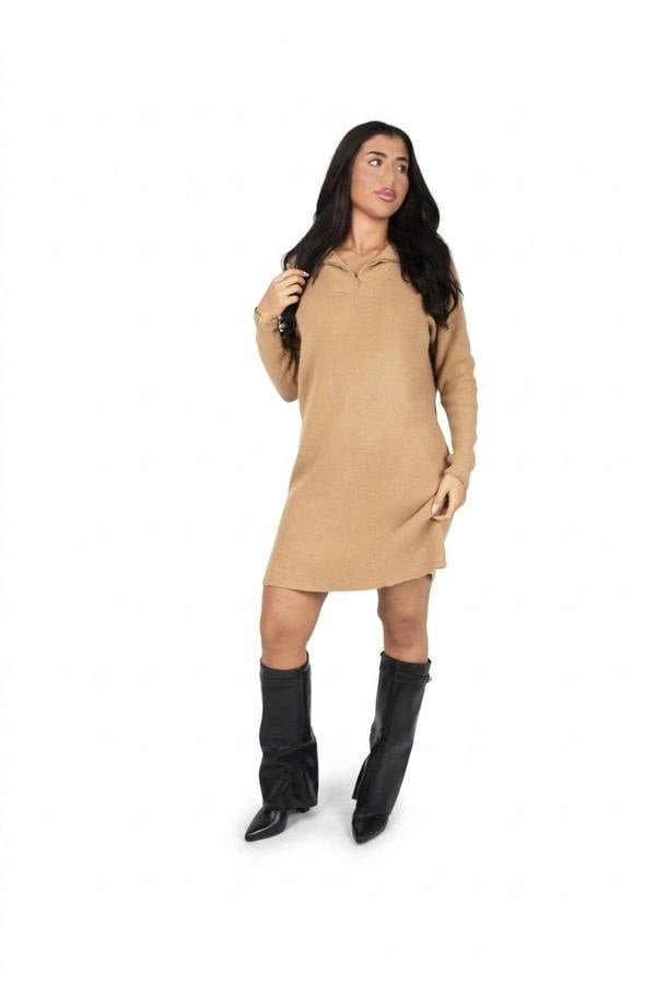 Danika Ribbed Knit Mini Dress With Zip Collar - Camel_wb