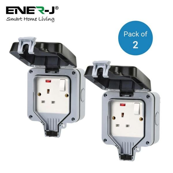 ENER-J Waterproof 13A Single BS Socket with Switch - Pack of 2