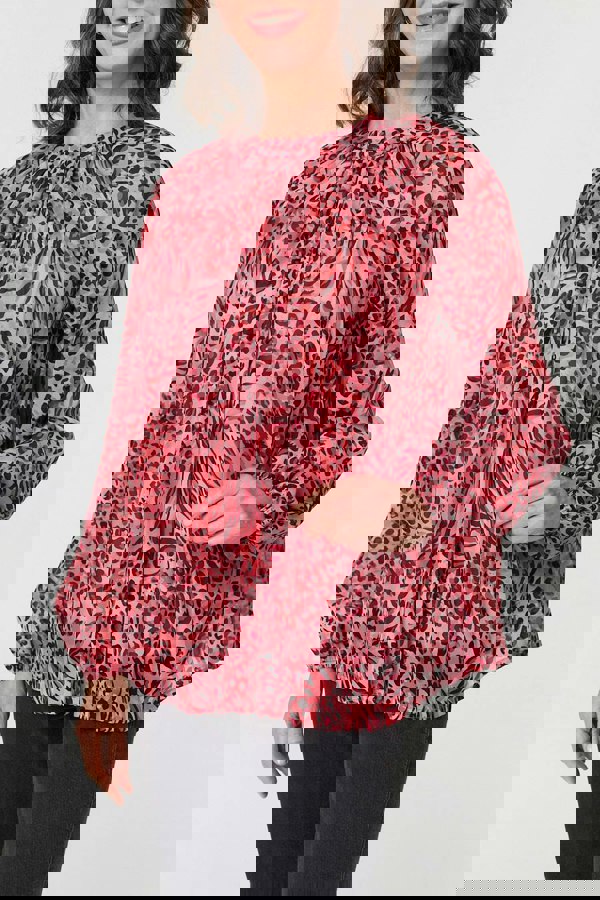 Pink | Animal Print Long Sleeve Tunic Blouse
