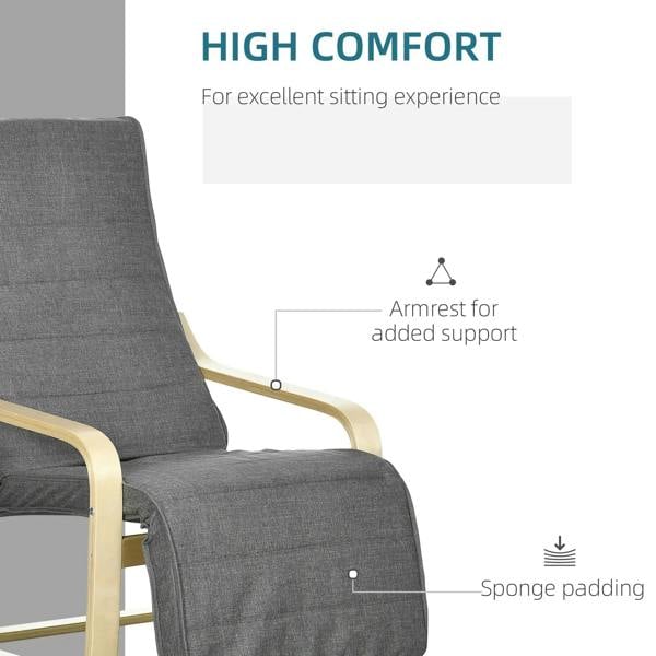 Dark grey upholstered lounge chair with light wood frame and supportive armrest