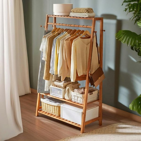 Rafaelo Mobilia Bamboo Clothes Rail With 2 Shelves