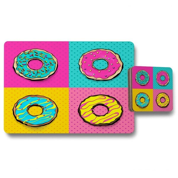 Benjamin Tate Design Set doughnut sweet food, donut cartoon pop art style (Placemat & Coaster Set)