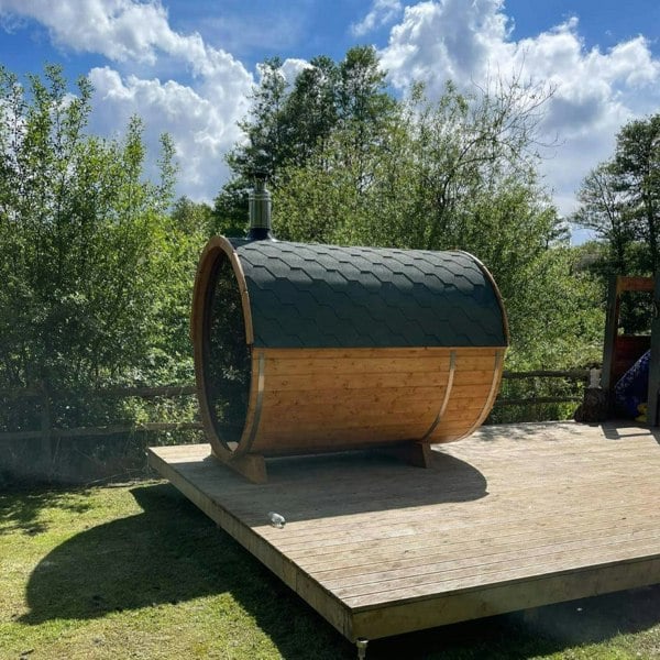 400cm Spruce Barrel Sauna | Thermowood | Terrace | Wood-Fired or Electric.