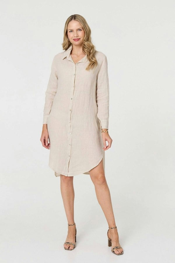 Beige | Long Sleeve Split Hem Maxi Shirt Dress
