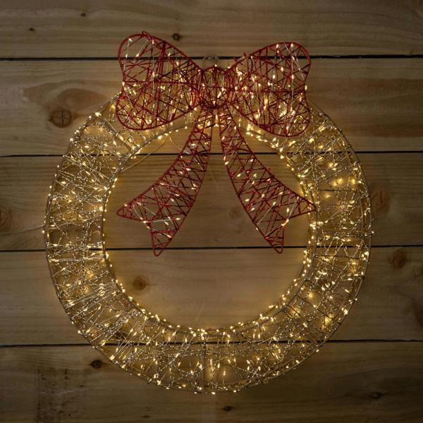 Samuel Alexander 50cm Gold Light Up Christmas Wreath with 600 Warm White LEDs, Timer & Red Bow