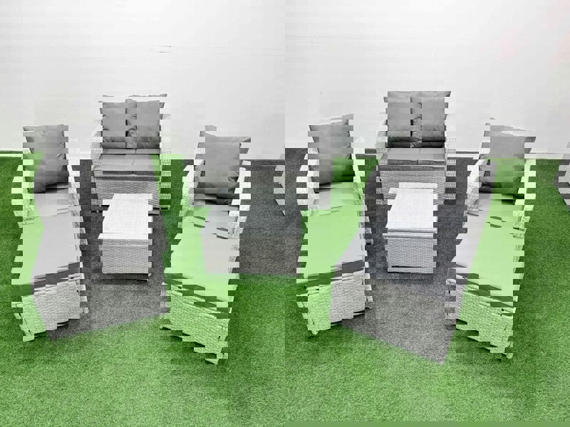 Fimous Light Grey PE Wicker Rattan Garden Furniture Set Sofa Set Reclining Adjustable Chair Square Coffee Table 6 Seater 2 Big Stools