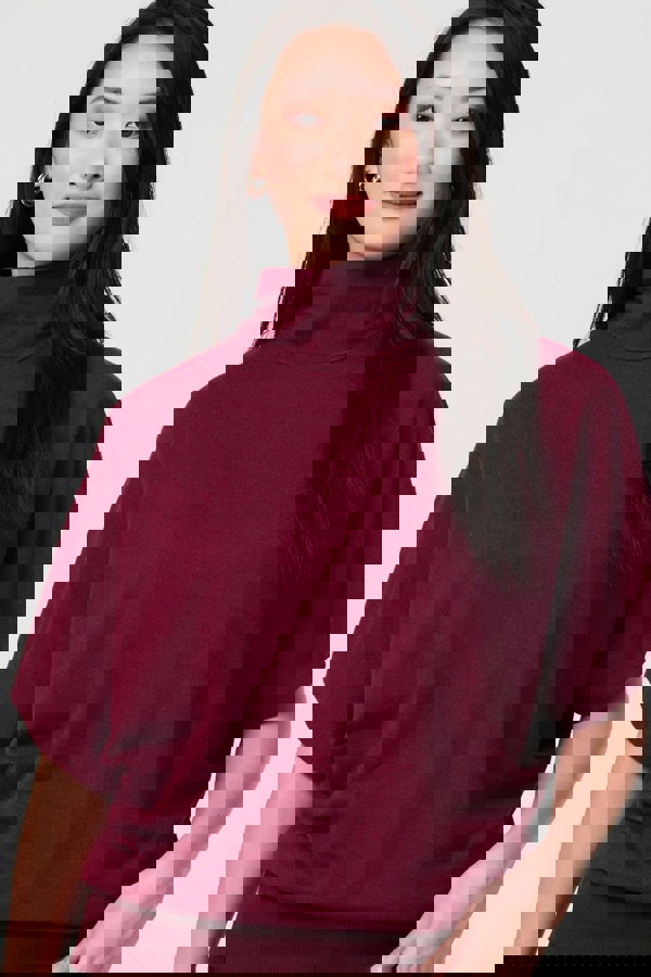 Red | Roll Neck Button Back Relaxed Knit Top
