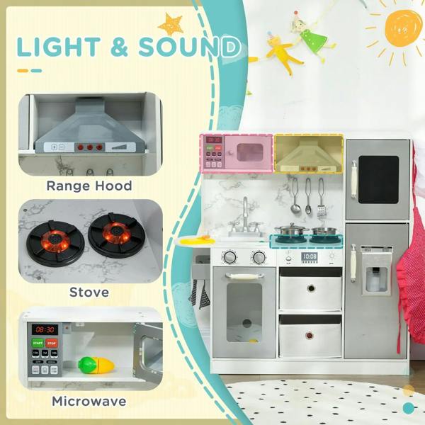 White kids toy kitchen playset showing stove and microwave areas with hood and controls