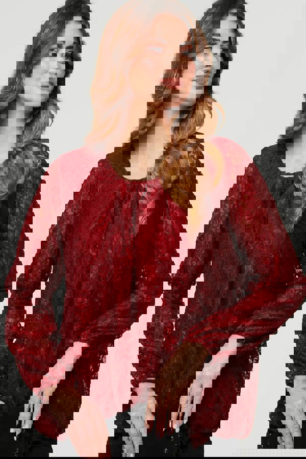 Burgundy | Floral Lace Semi Sheer Ruched Blouse
