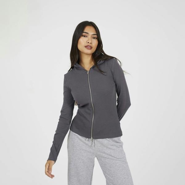 Brave Soul Dark Grey Long Sleeve Zip Through Hoodie Top - Dark Grey Image 1