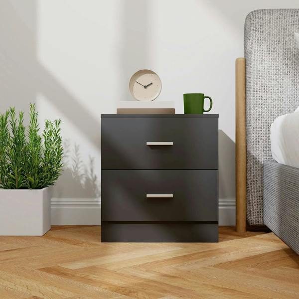 Black two-drawer bedside cabinet with silver bar handles, front view