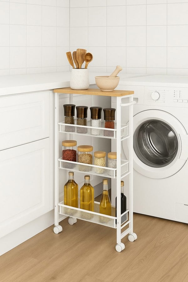 Slim oak and white rolling kitchen trolley with 4 tiers and mesh storage baskets

