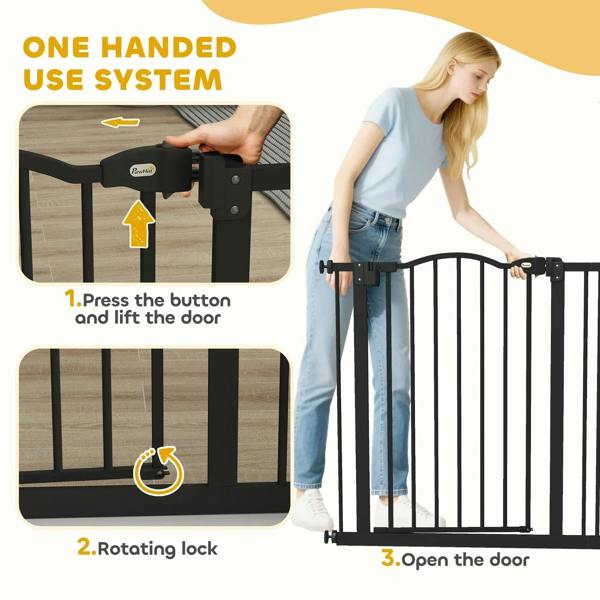 Black pet safety gate with one-handed latch button and rotating lock