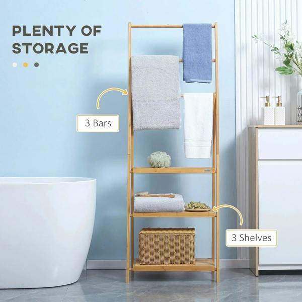 Freestanding bamboo towel rack with three towel bars and three storage shelves