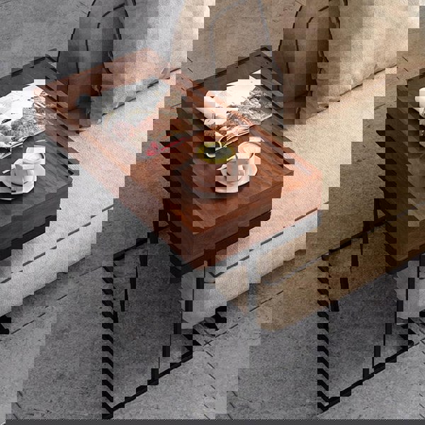 Detail view of Hay Storage Side Table, Walnut with fold up dining table