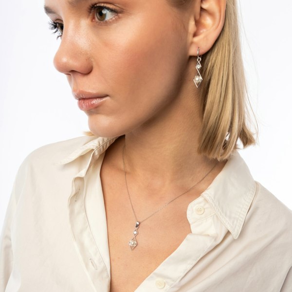 Spero London Sterling Silver Rhombus 3D Pearl Earrings