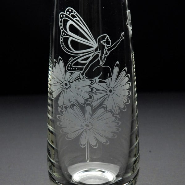 Glyptic Glass Art Fairy & Butterfly Glass Bud Vase - Hand Etched/Engraved Gift