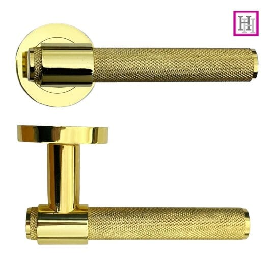 EDH Door Hardware Knurled Door Handles Polished Brass Loop & Neck On Round Rose Lach Handle