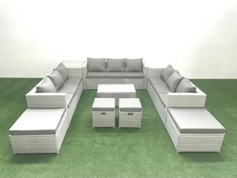Fimous 9 Pieces Rattan Garden Furniture Set Outdoor Garden Sofa Coffee Table Set with Side Table 4 Footstools Light Grey Mixed