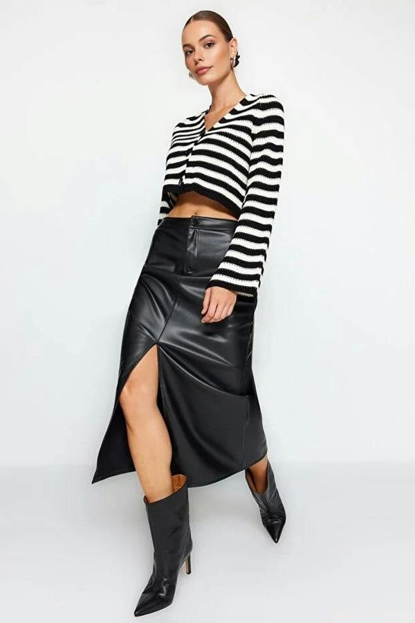 WOVCOR Slit Faux Leather High Waist Maxi Knit Skirt