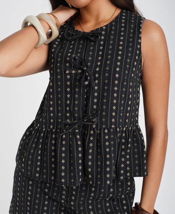 Black Floral Tie Front Peplum Top