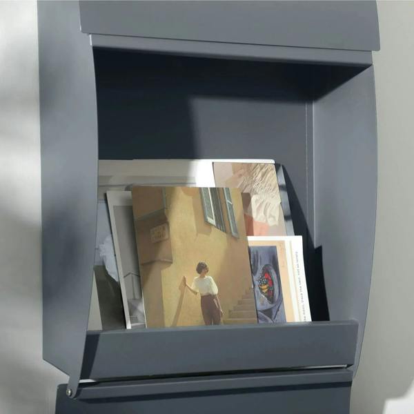 Wall mailbox interior view showing multiple letters inside the compartment and front flap