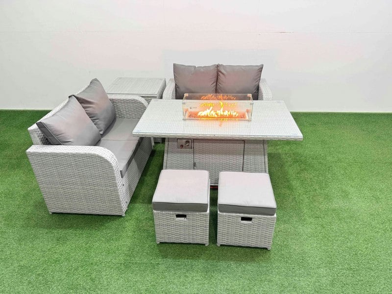 Fimous 6 Seater Outdoor Love Sofa Set Rattan Garden Furniture Set with Fire Pit Dining Table 2 Small Stools Side Table Light Grey
