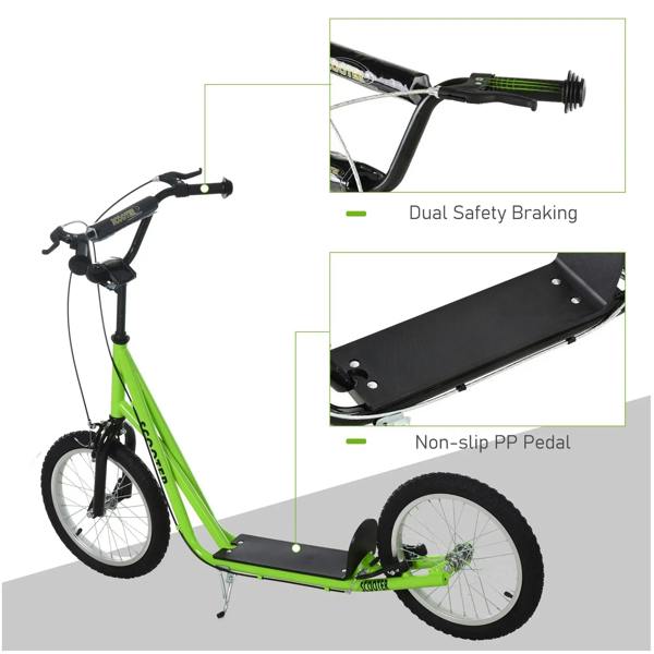 Green kids kick scooter details: dual safety braking and non-slip pedal