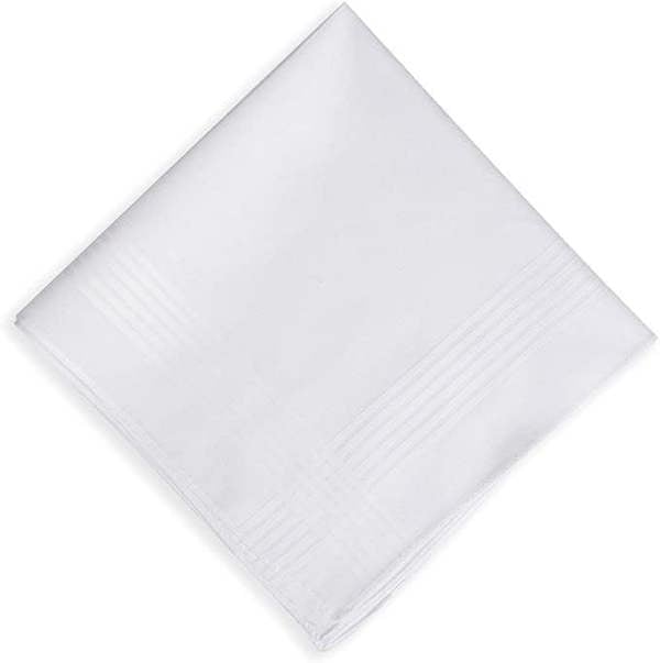 KAV Pack of 20 Men's Handkerchief with Imprinted Border - 36x36cm Polycotton Multifunctional Large Pocket Squares Hankies for Men - White