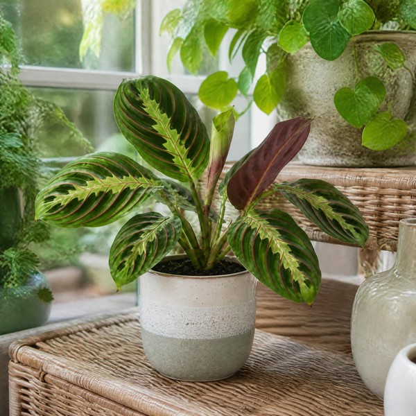 Maranta Leuconeura Prayer Plant 12cm - Beautiful Tricolour Indoor Foliage - Grey Stoneware Pot - 1
