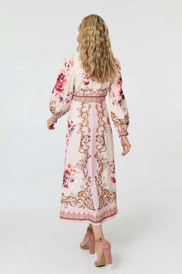 Pink | Baroque Print Long Sleeve Midi Dress