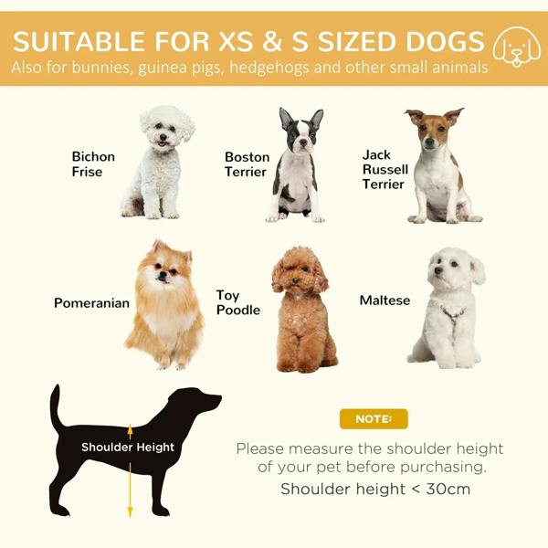 Six-panel pet playpen crate for small dogs and pets, with size guidance