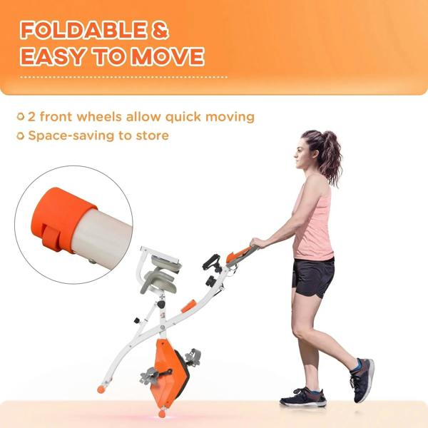 Foldable exercise bike with orange resistance unit and two front transport wheels