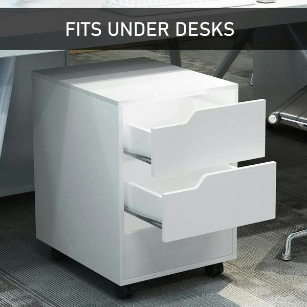 White three-drawer file cabinet tucked under a desk with drawers extended