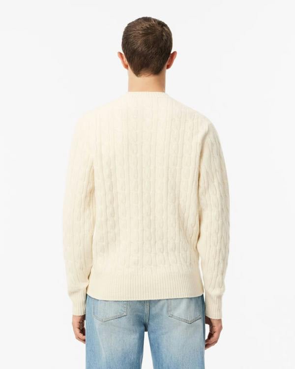 Lacoste Carded Wool Cable Knit Crew Neck Mens Sweater - Lapland XFJ - CHO - Designer Mens Jumpers