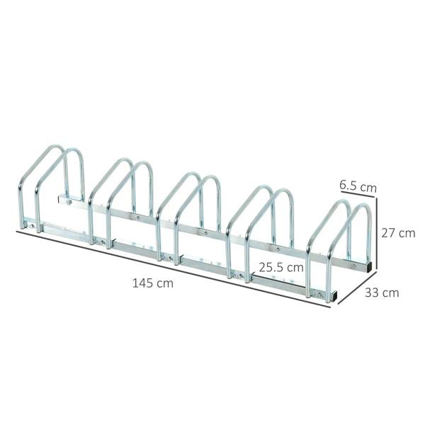 Silver 5-bike bike parking rack showing overall length and holder spacing