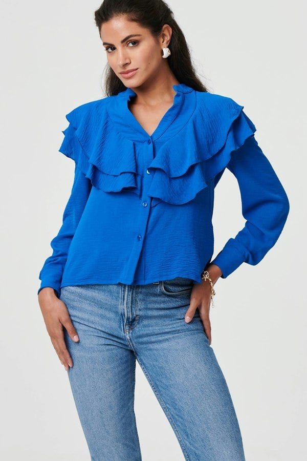 Blue | Ruffled Detail Long Sleeve V-Neck Blouse
